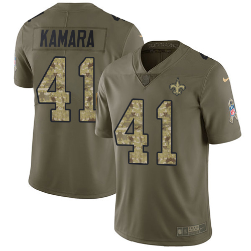 Nike Saints #41 Alvin Kamara Olive/Camo Men's Stitched NFL Limited Salute To Service Jersey - Click Image to Close